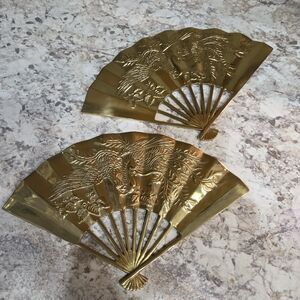 Vintage Brass Chinese Phoenix Fan Wall Art Set/2 Cottagecore